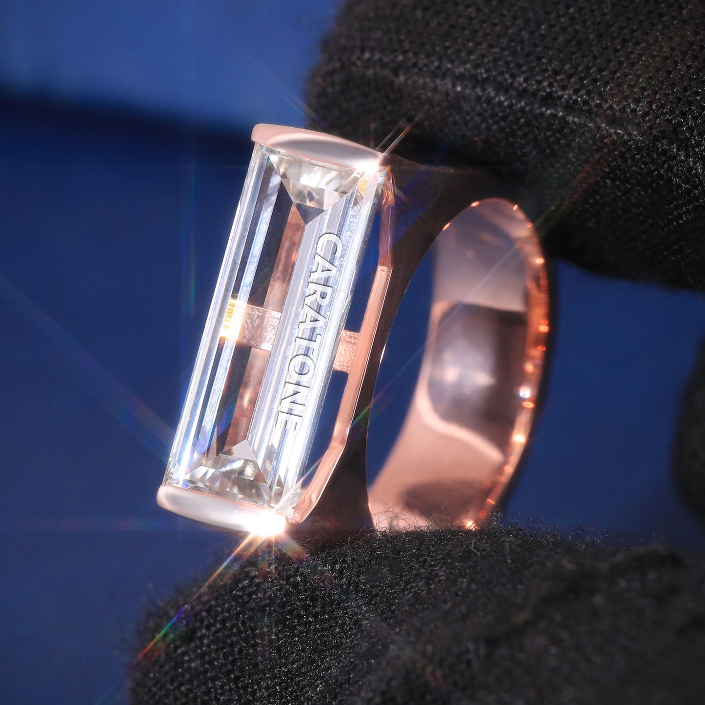 Baguette Solitaire Ring Horizontal Lab Grown Diamond Engagement Ring for Men Fully Rose Gold Iced Out Custom Unique Wedding Rings
