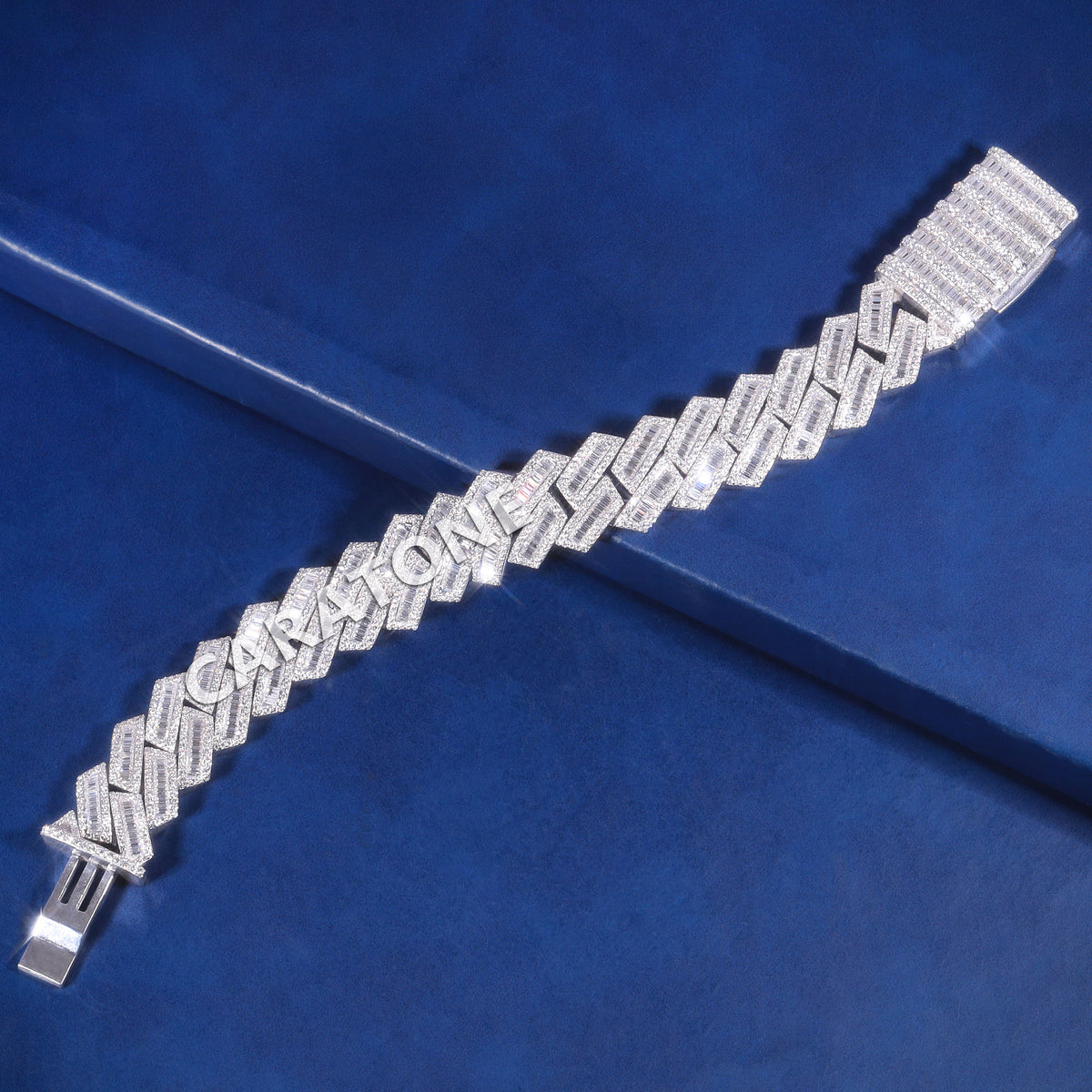 Elegant Iced Out Diamond Link Bracelet in White Gold, Premium Baguette and Pave Stone Setting, Unique Hip Hop Luxury Jewelry for Men