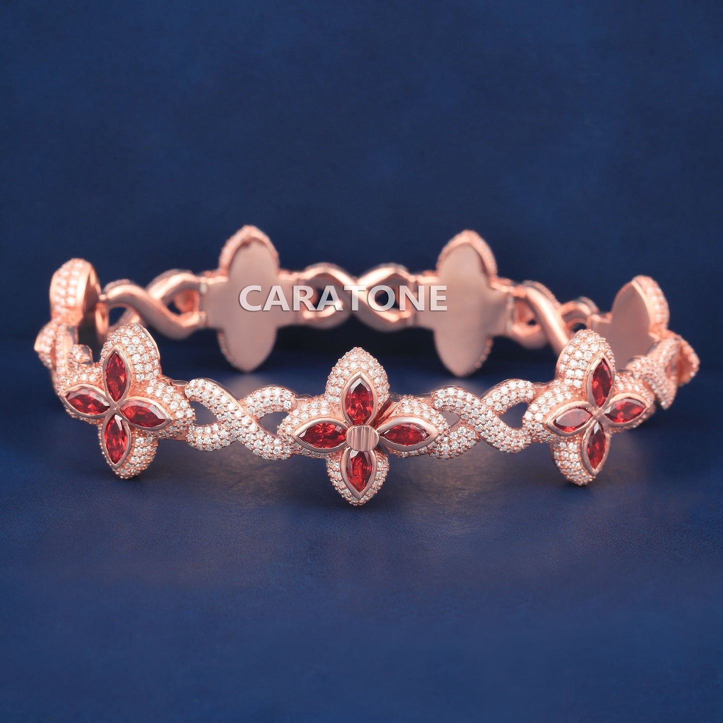 Rose Gold Clover Bracelet with Red Marquise Gemstone and Full Iced Look for Men in Hip Hop Luxury Style