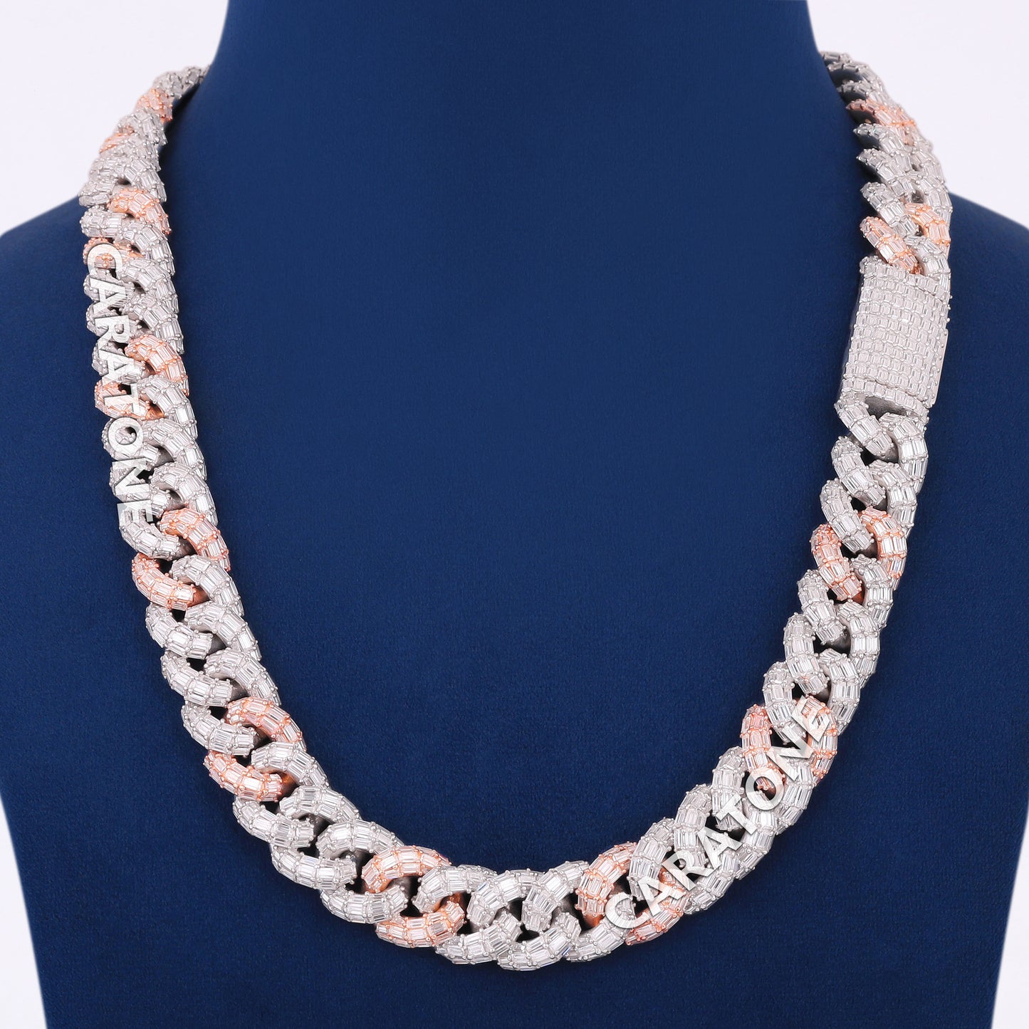 22 inch 15mm Fully Iced New Baguette Figaro Link Chain with Two Tone Silver & Rose Gold Rappers Iced Out Chains in Mens Custom HipHop Chain