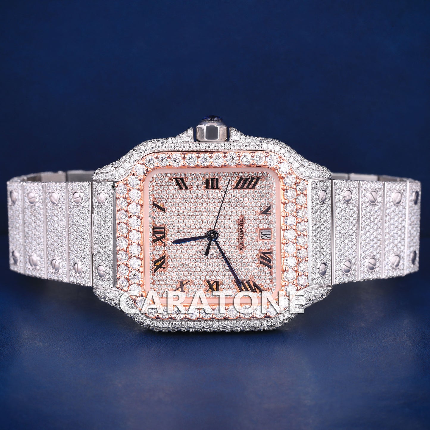 Full iced out hip hop branded watch in two tone with black roman in dial with D VVS clarity