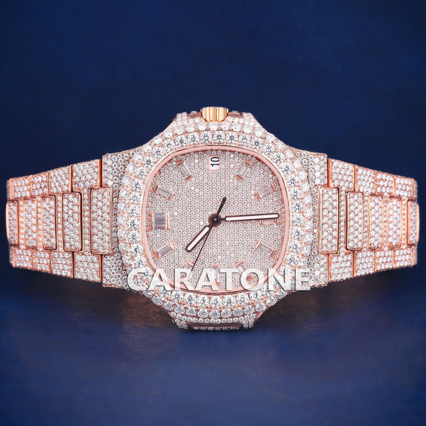 Full iced out hip hop branded watch in rose gold tone with diamond tester passed