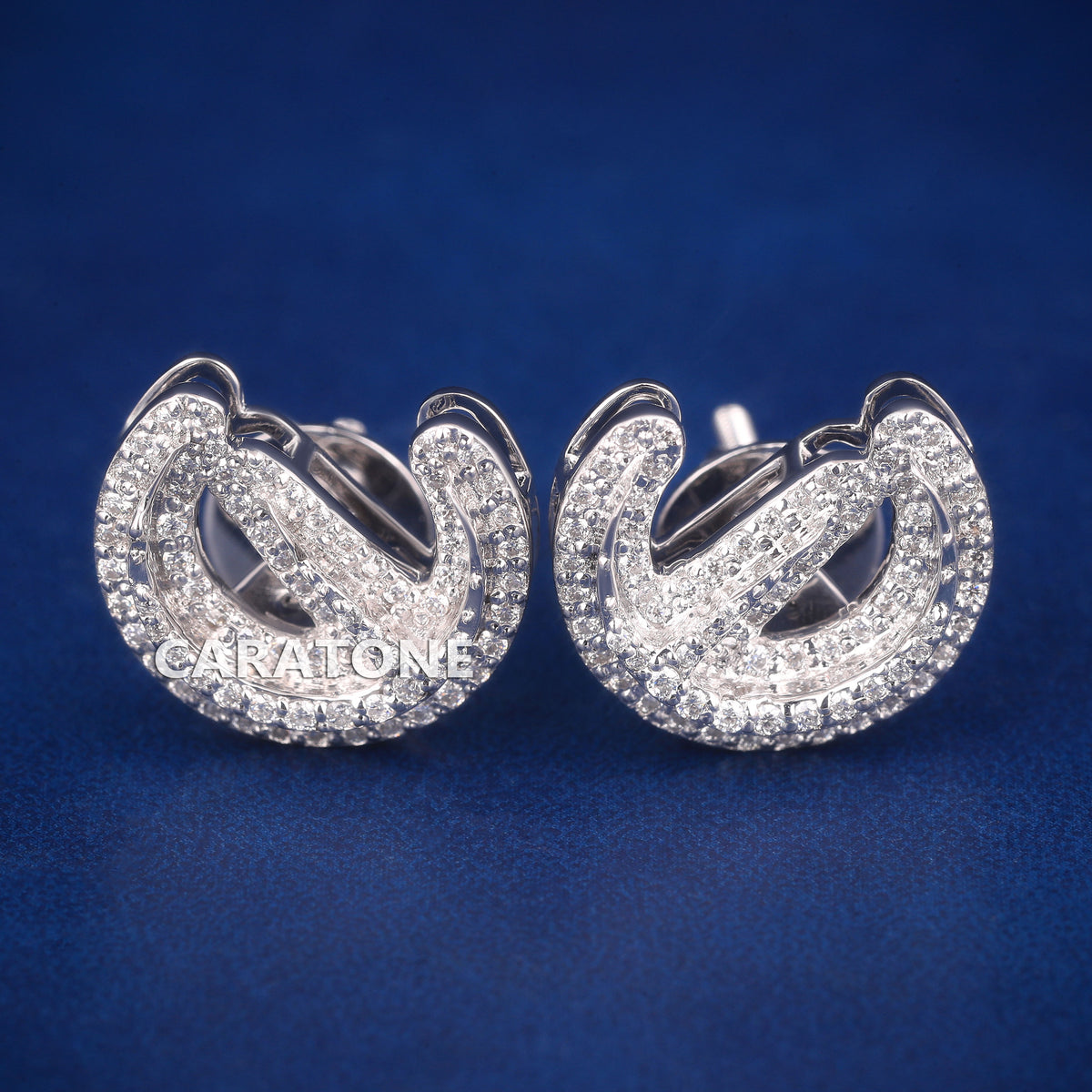 Custom Double-Layer Horseshoe Diamond Stud Earrings in White Gold Finish