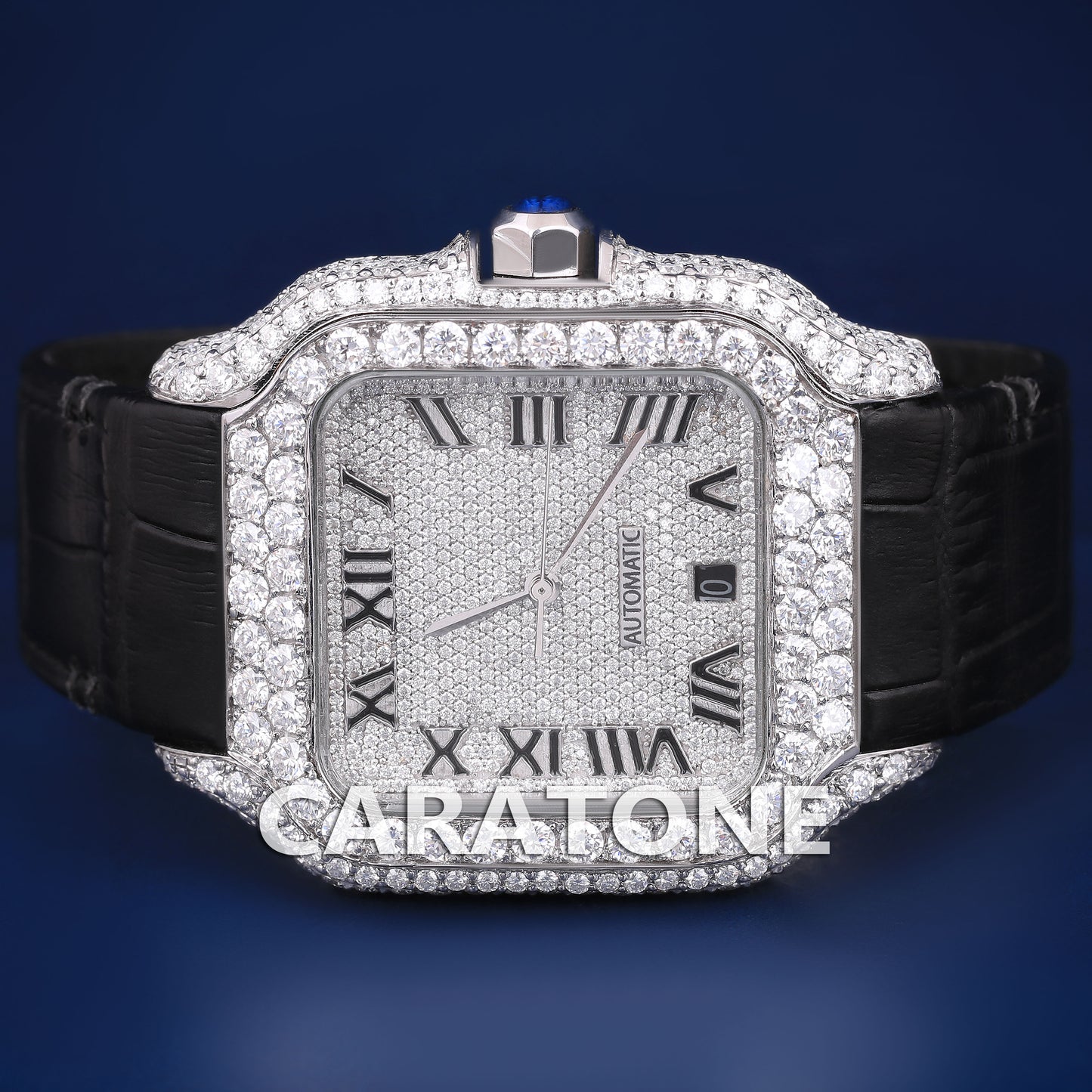 Mens Black Leather Belt Watch Fully Iced Out Silver Diamond Dial with Roman Numeral VVS Hiphop Watch