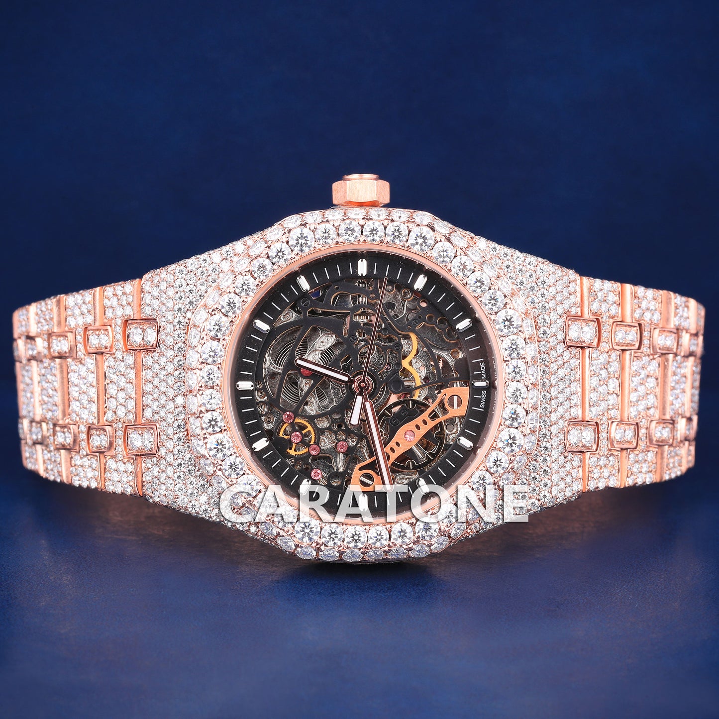 Full iced out without dial hip hop branded watch in rose gold tone with D VVS clarity
