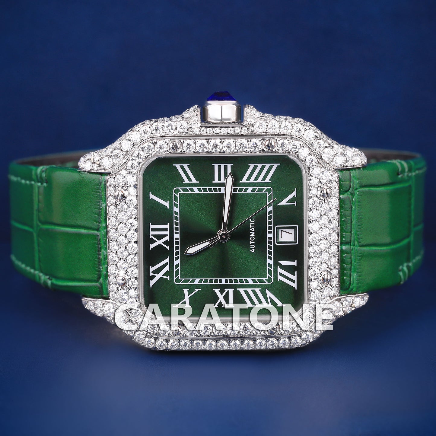 Luxury Mens Watches Rappers Iced Out Watch on Wrist Green Leather Strap Green Dial Watches for Mens in Fully Customized
