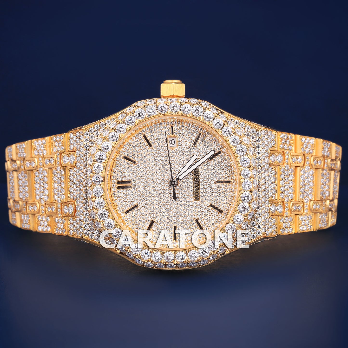 Customized Hip hop Ice Watches VVS Diamond Stainless Steel Fully Yellow 42mm Luxury Rapper Watch