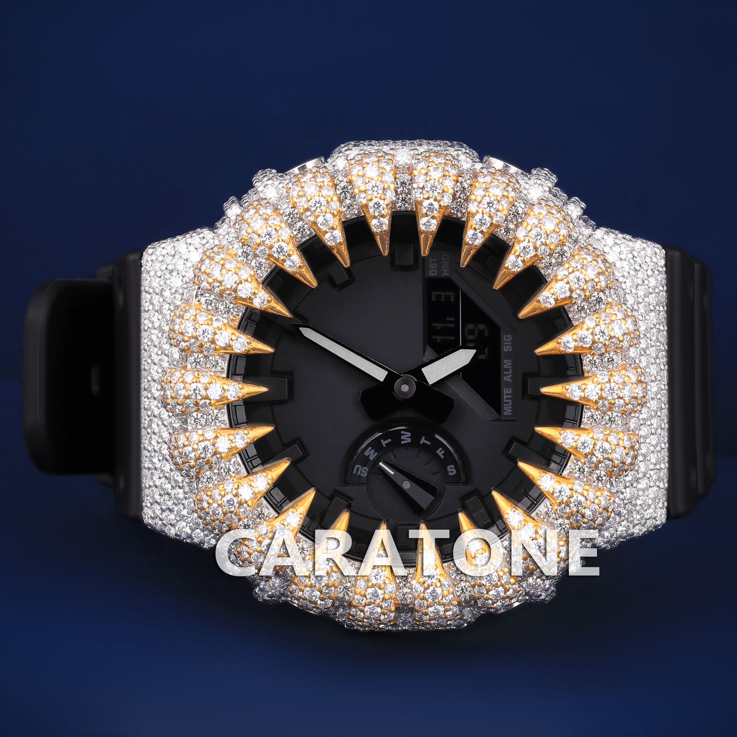 Custom Iced Out Black Analog Digital Spiked Bezel Fully Yellow Diamond Watches
