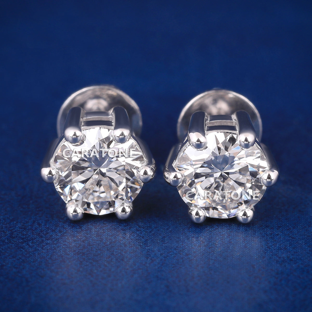 Six-Prong Round Diamond Stud Earrings in White Gold Finish