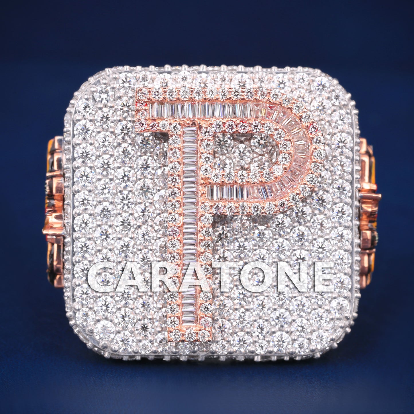 Mens Customizable Engagement Rings in Iced Out Initial P Letter Baguette Round Diamond Rose Gold & Silver Mens Heavy Luxury Rings