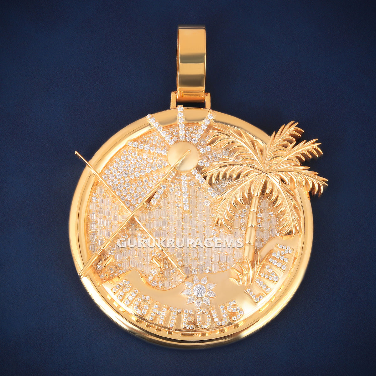 Custom Yellow Gold Beach Scene Hip Hop Pendant with Lab Grown Diamonds