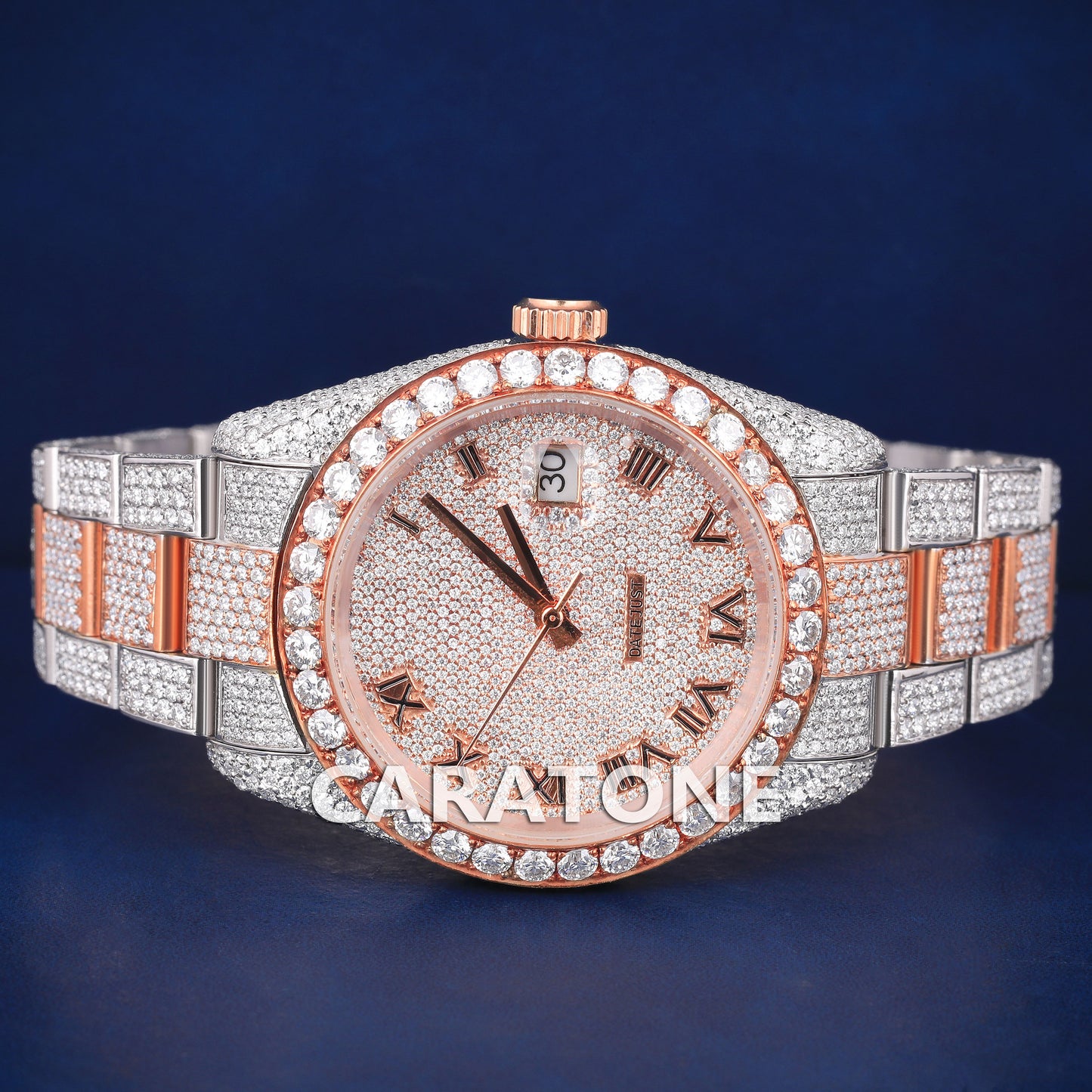Fully Iced Out Mens Hip Hop Watches Two Tone Silver Rose Roman Numeral Dial Customized Watches