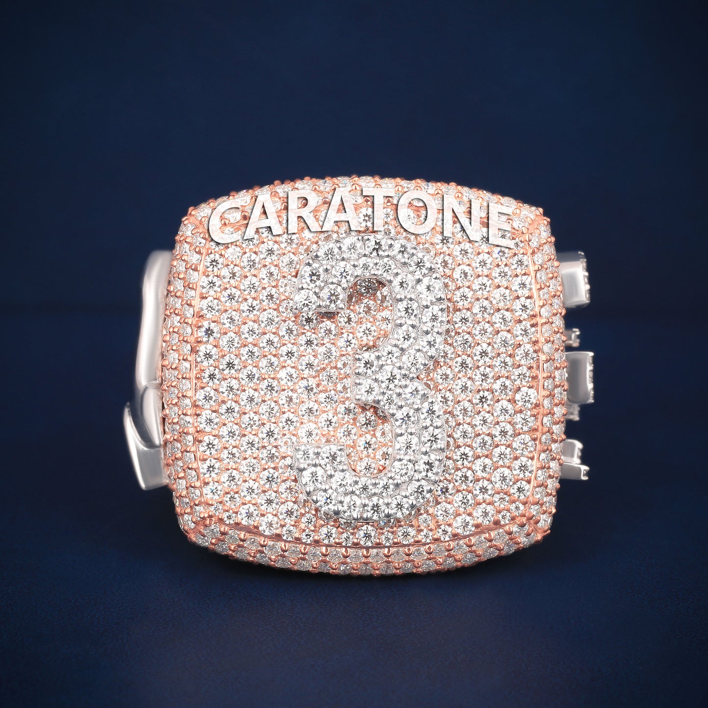 Fully Iced Out Chunky Square Diamond Ring in Rose & White Gold Drip