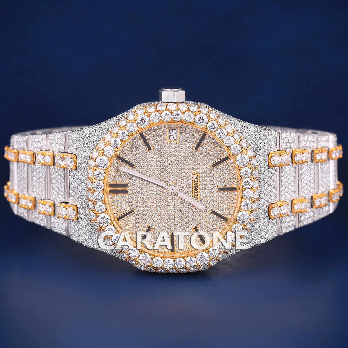 Mens Iced Out Watches Two Tone Silver Yellow Gold Plated Bust Down Moissanite Watch