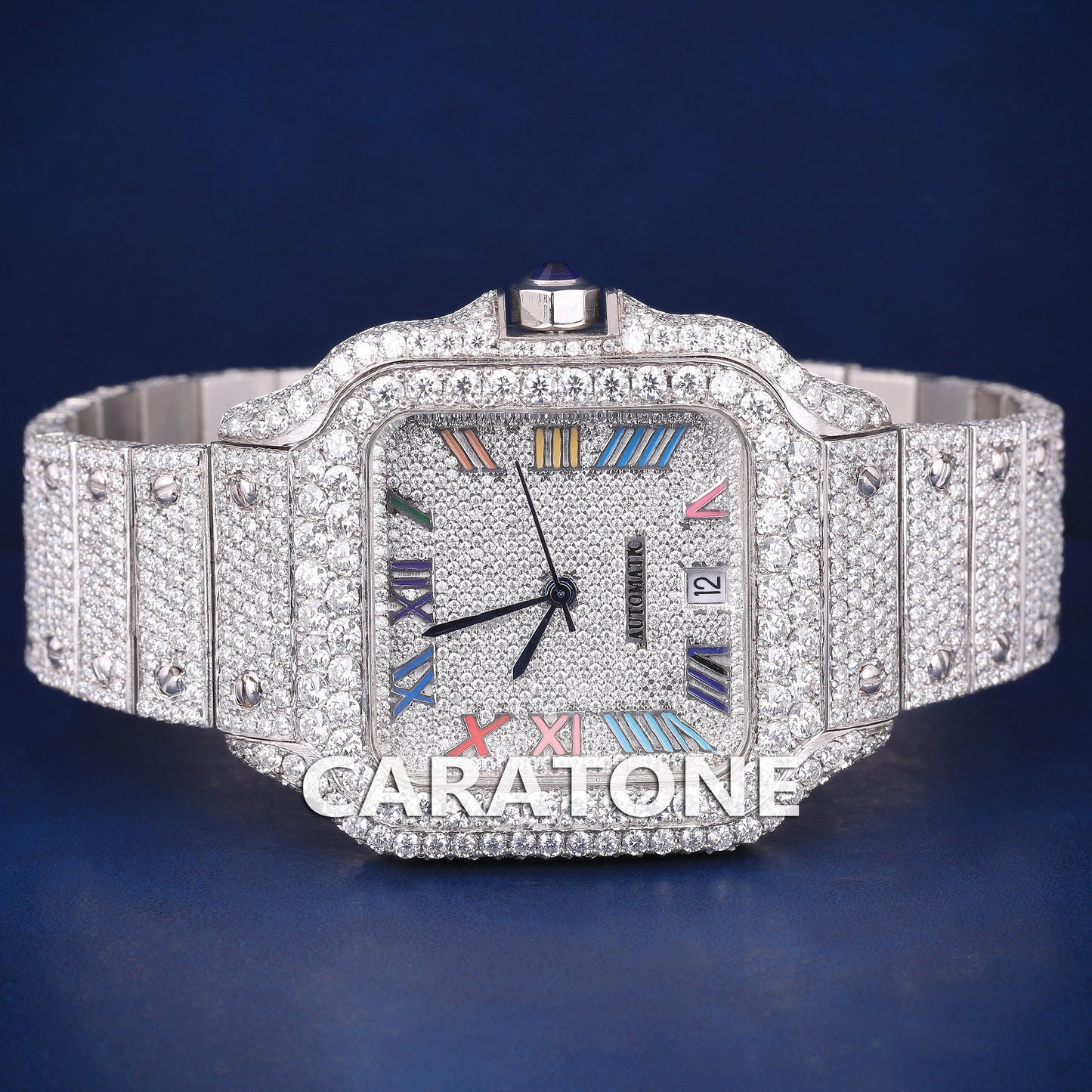 Hip hop full iced out branded watch in white tone with D VVS clarity and colourful roman numerals