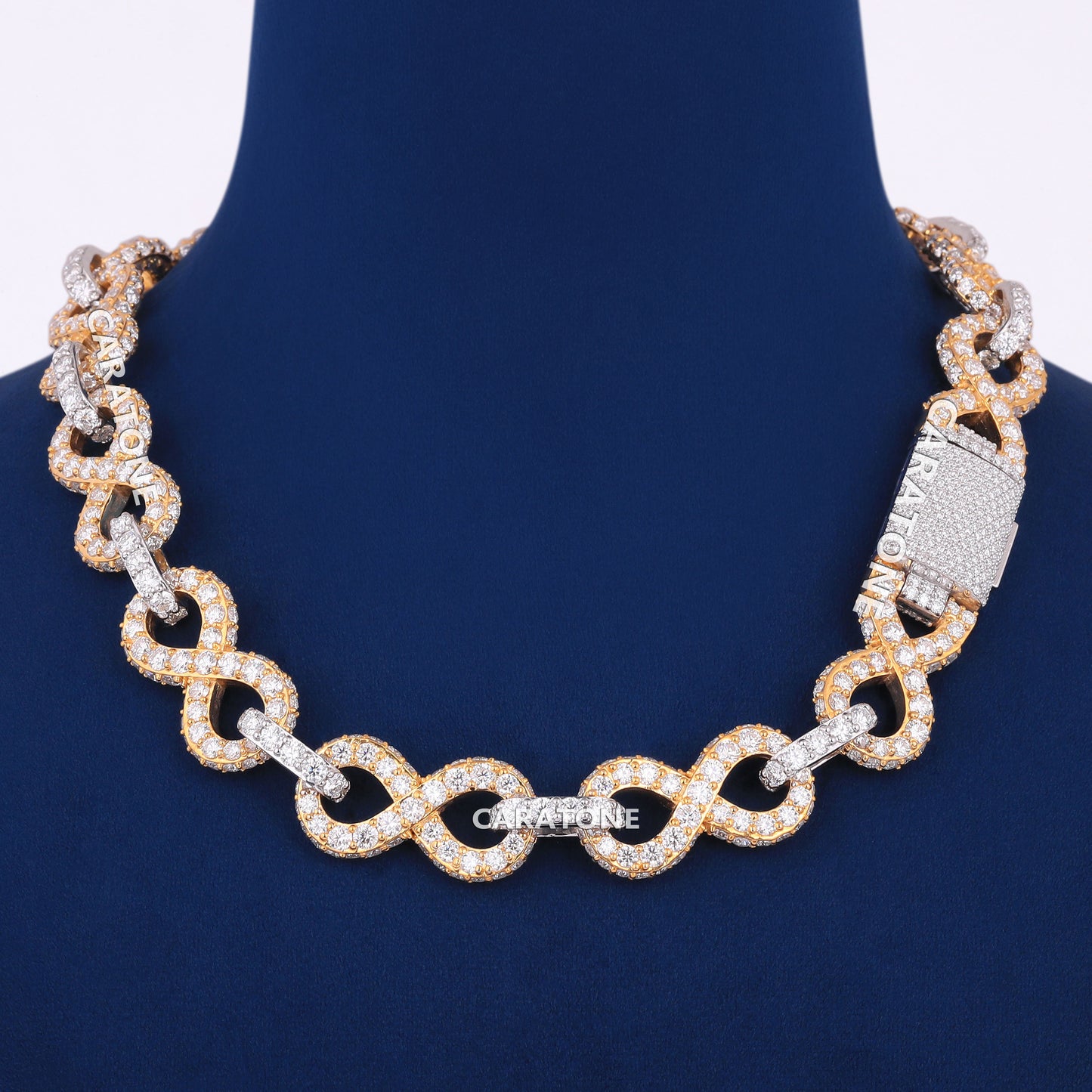 22 inch 18mm Big Round Diamond Iced Infinity Link Cuban Chain with Two Tone Silver & Yellow Gold Mens Custom Rappers Chains