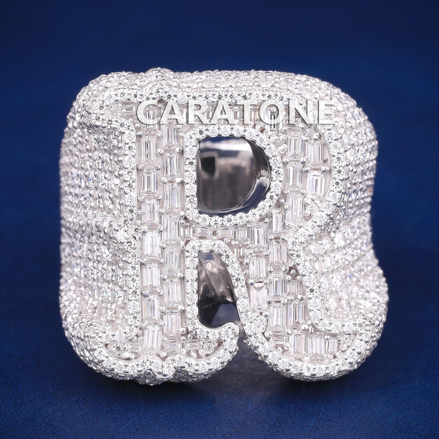Hip hop customise R letter ring in silver D VVS diamonds