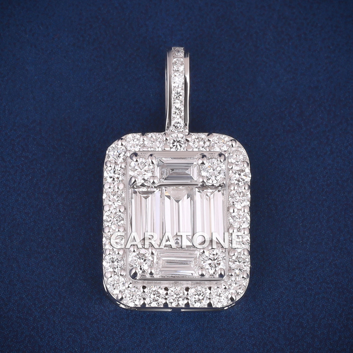 Custom Iced Out Rectangular Baguette Diamond Pendant with Round Diamond Halo