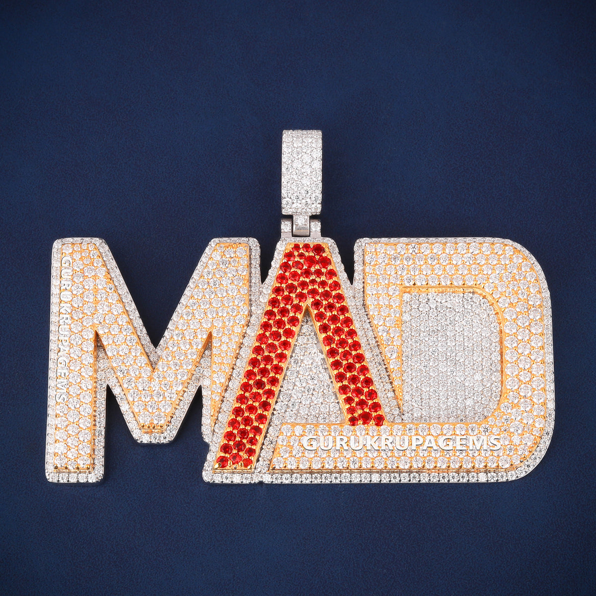Custom Iced Out MAD Hip Hop Pendant with Red Stones & Lab Grown Diamonds