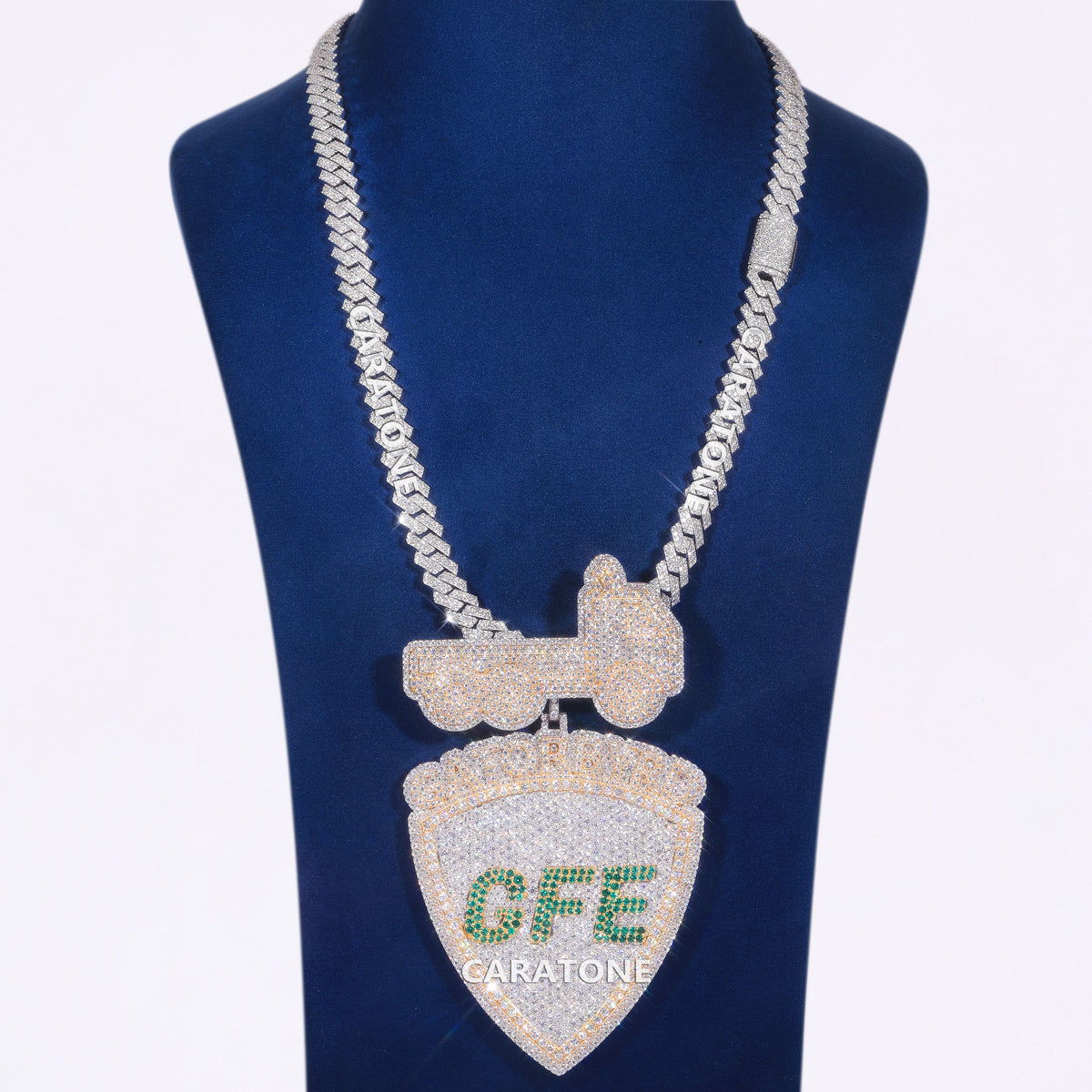 Luxury Custom GFE Shield Pendant with Fully Iced Out Lab Grown Diamonds and White Gold Plated Cuban Link Chain