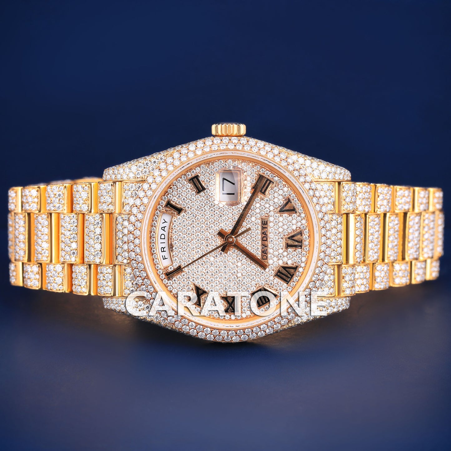 41mm Yellow Roman Dial Day Date Fully Iced Out Presidential Watch in Custom VVS Diamond Watch Richest Rapper Watches with Real Diamonds