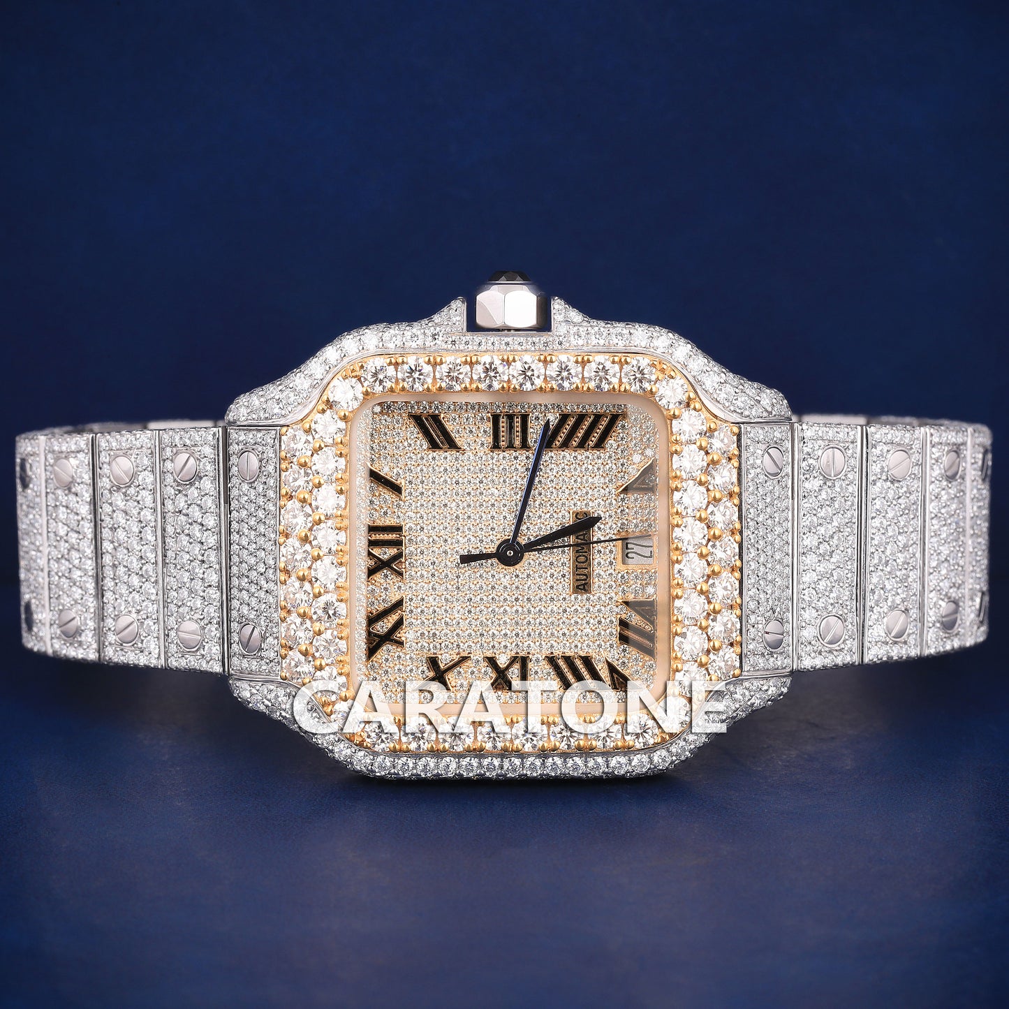 Full iced out hip hop branded watch with roman numerals in it with diamond tester passed