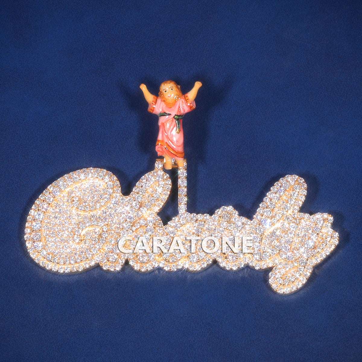 Fully Iced Out Cursive Name Pendant with Gold Finish and Diamond Pavé