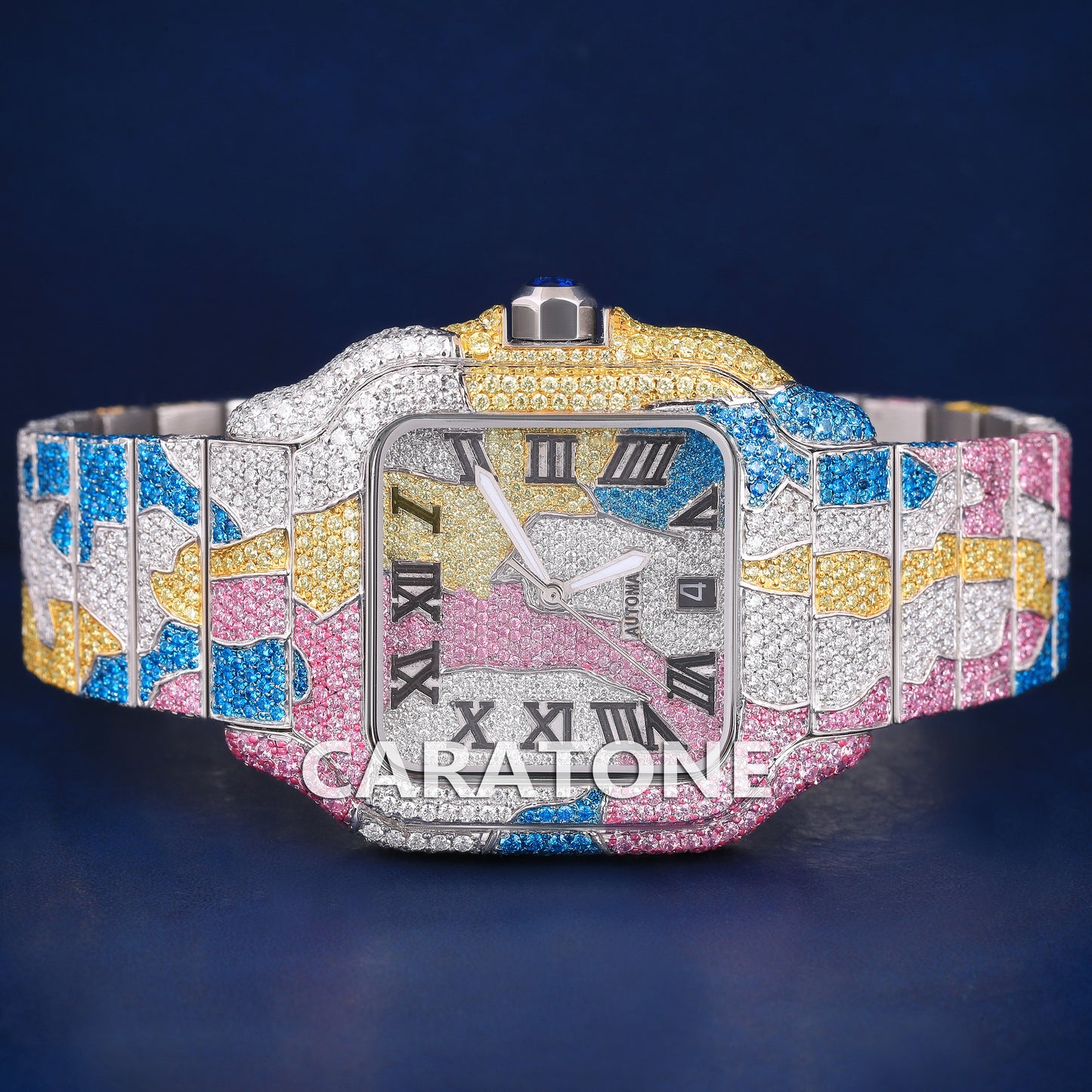 Colourful diamonds full iced out hip hop branded watch with black roman numerals in dial with D VVS clarity