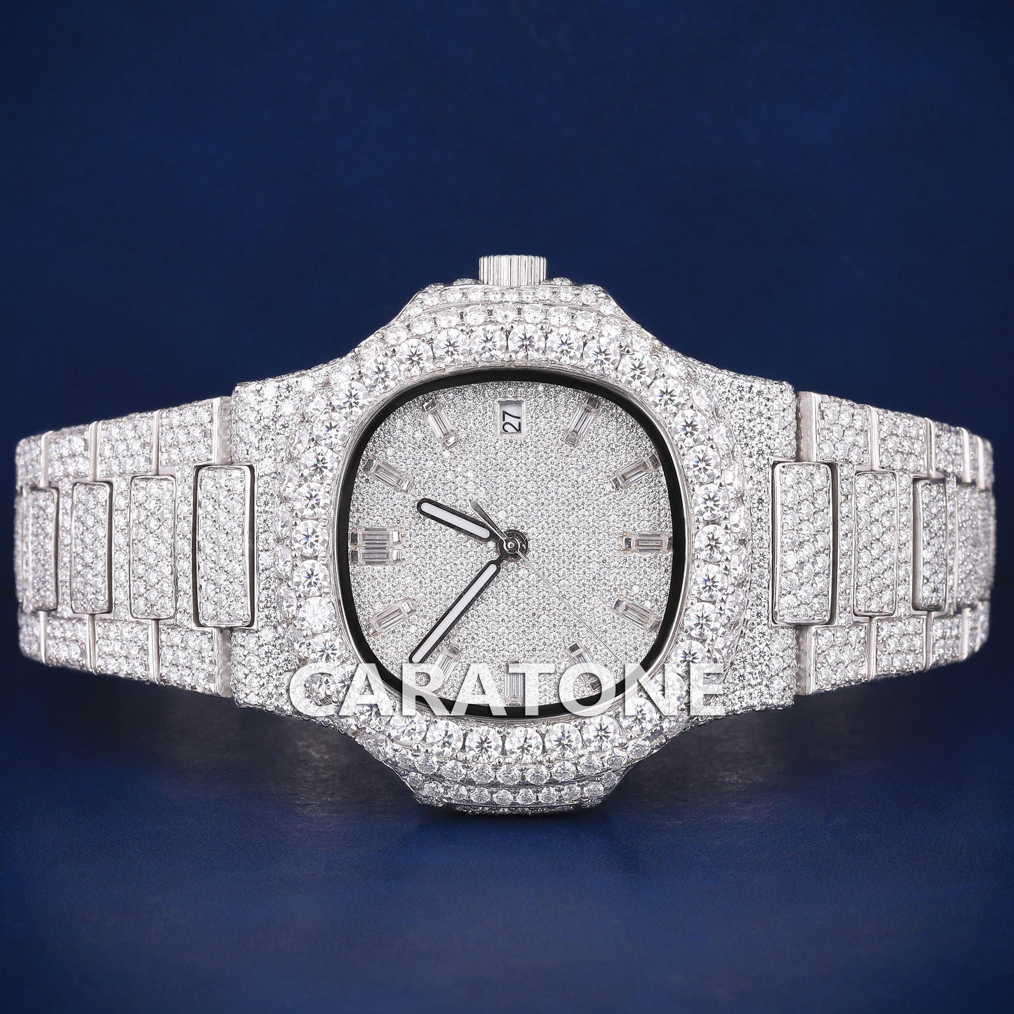 Full iced out hip hop custom made branded watch in white tone with D VVS clarity