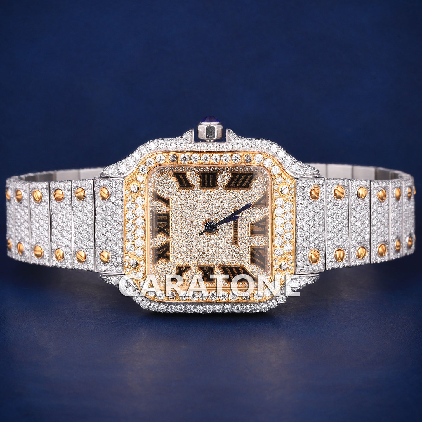 Hip hop full iced out branded watch with two tone and black roman in it and diamond tester passed