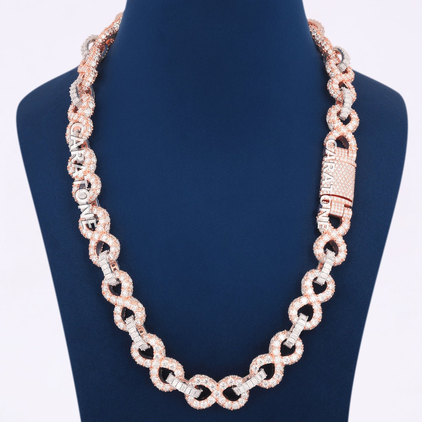 Two Tone Iced Out Designer Infinity Link Chain in Rose Gold and White Finish for Men