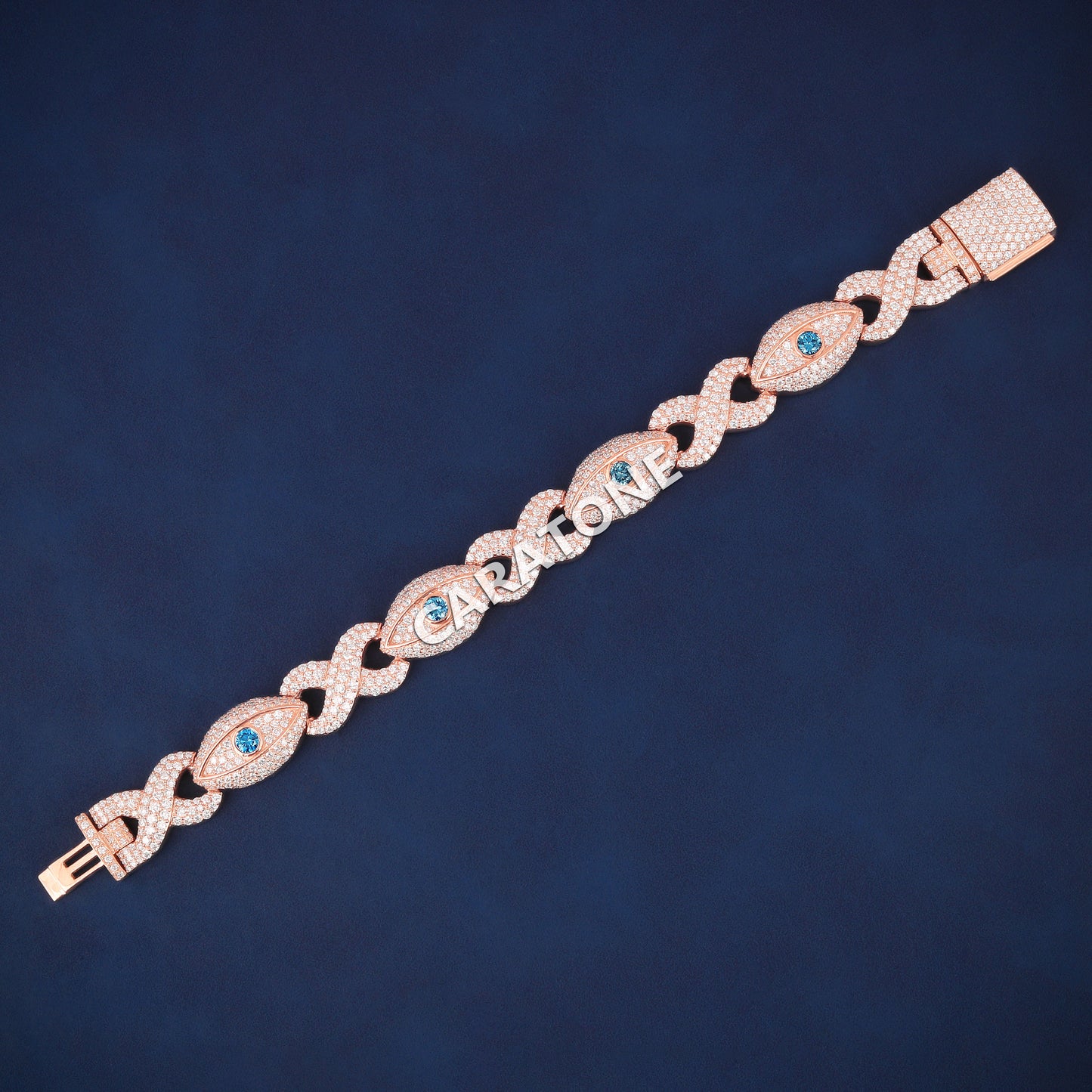 7 Inch 12.5mm Rose Gold Infinity Eye Bracelet Iced Out with Blue Diamonds for Regal Essence