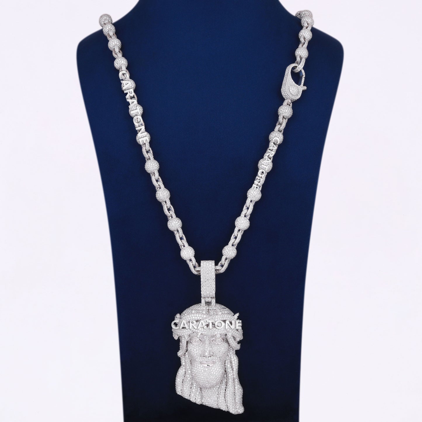 Lab Diamond Ball With Link Style Chain And Jesus Pendant In 925 Sterling Silver
