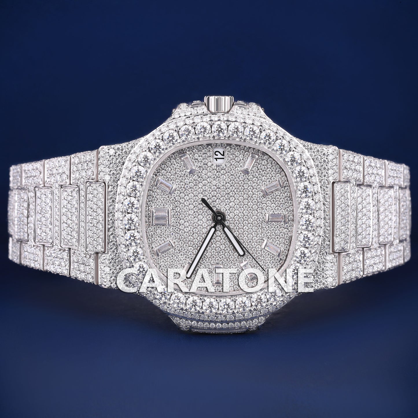 Custom Luxury Mens Watches Fully Iced Out Silver Baguette Dial VVS Clarity Trendy Watches