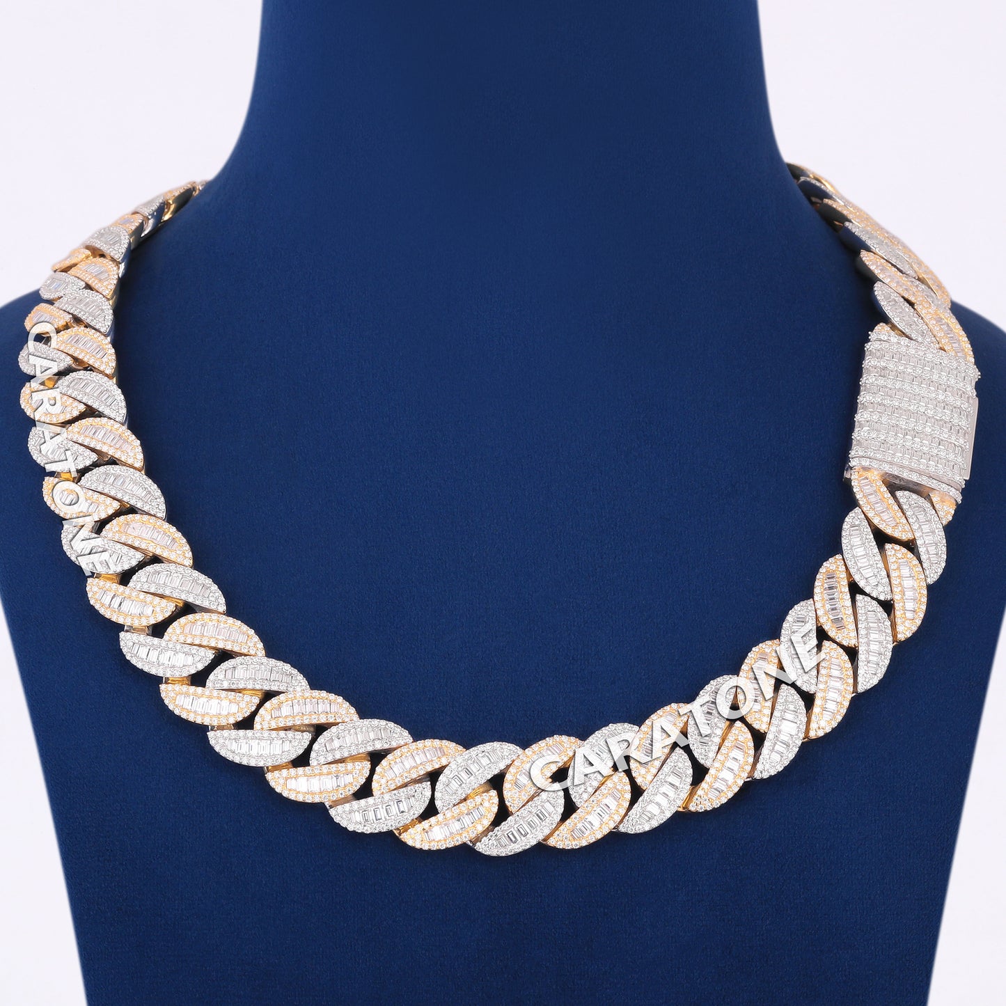 Custom Two Tone Silver Yellow Gold Miami Cuban Link Chain 22 inch 20mm Round Baguette VVS Custom Chain Mens Diamond Cuban Necklaces