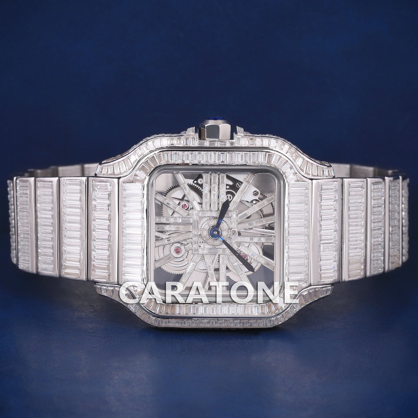 Full iced out hip hop branded watch with full of baguette diamonds in white tone with and diamond tester passed