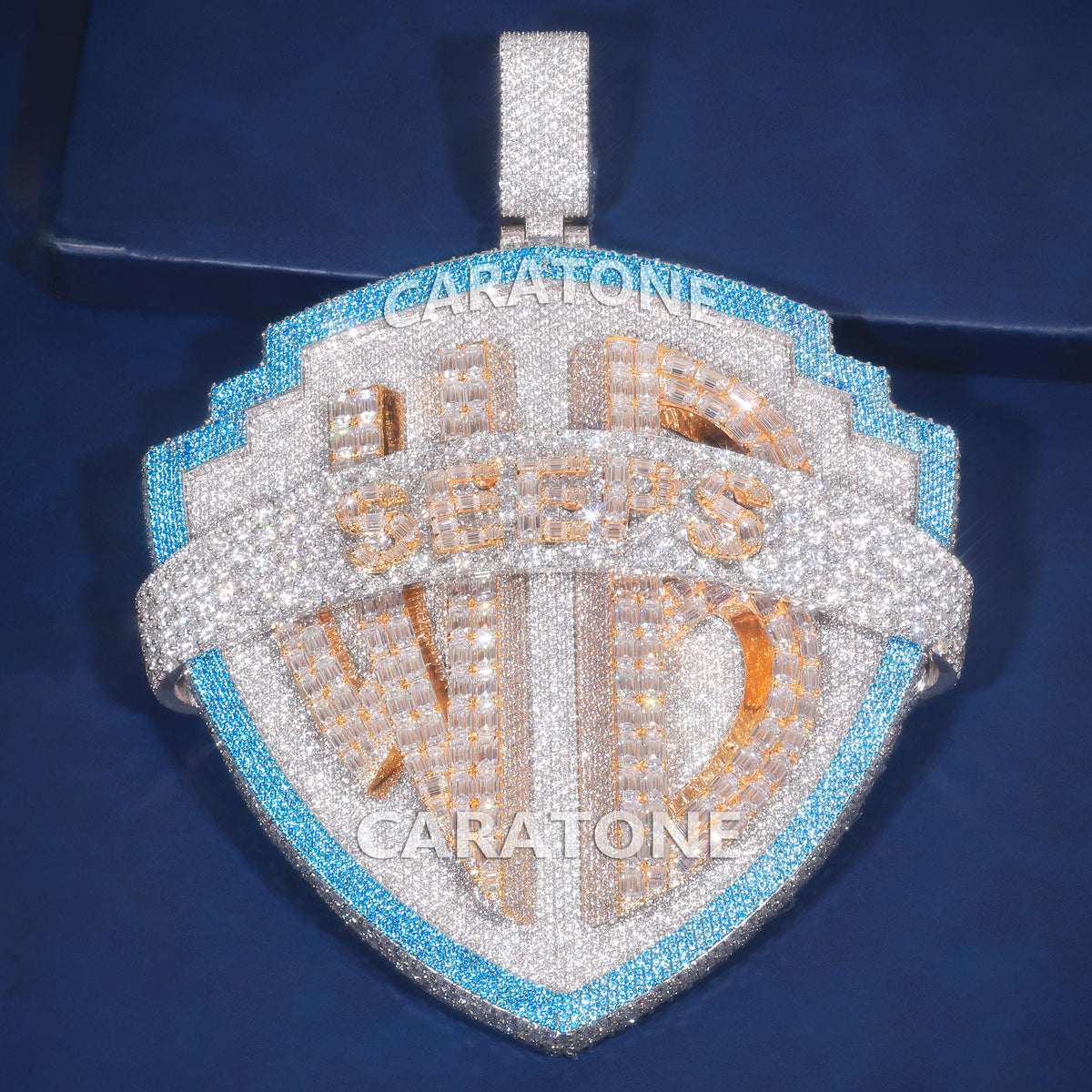 Premium Custom Shield Pendant With Blue & White Labgrown Diamond White Pave Setting And Rose Gold Letter Design