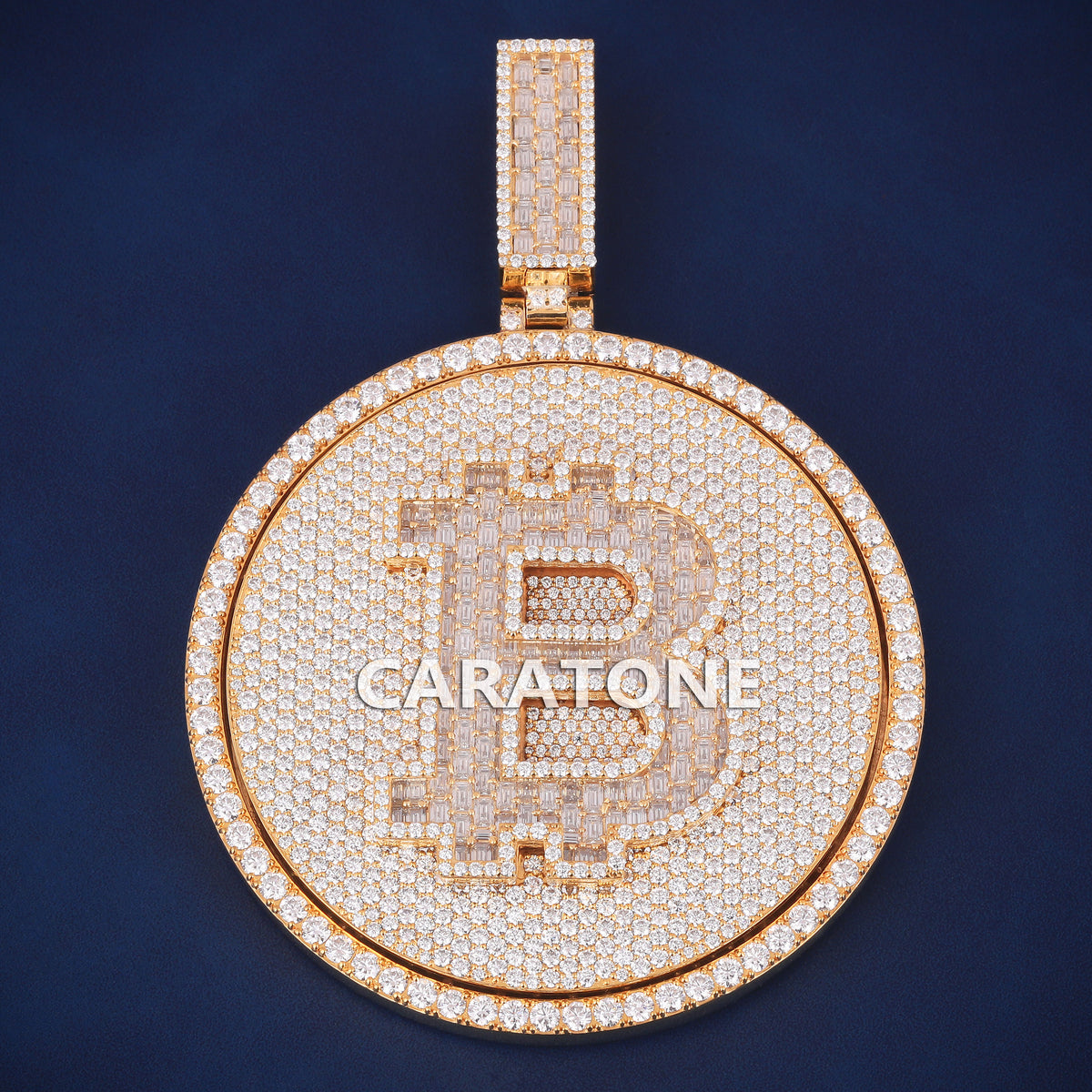 Custom Iced Out Bitcoin Coin Hip Hop Pendant in Yellow Gold with Lab Grown Diamonds