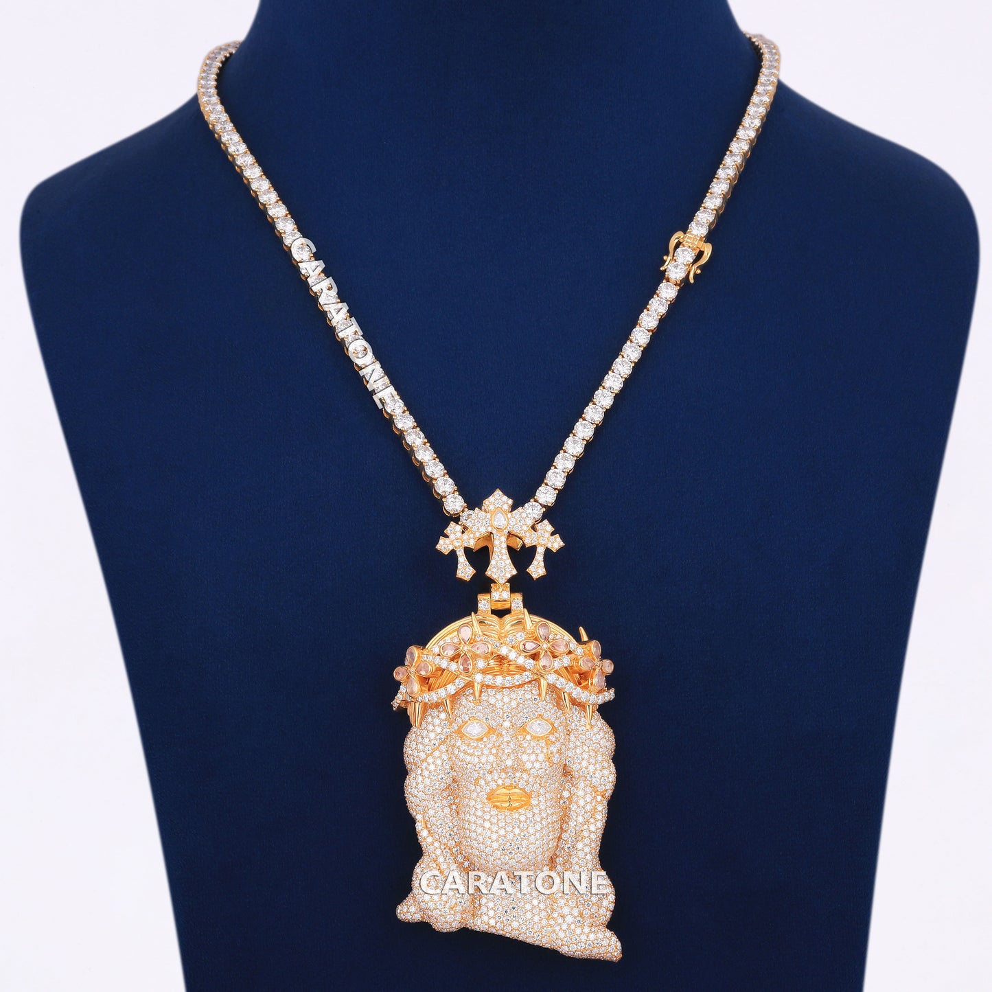 Jesus Custom Piece With 4 MM Tennis Neckalce In 14kt Gold With Lab Diamond