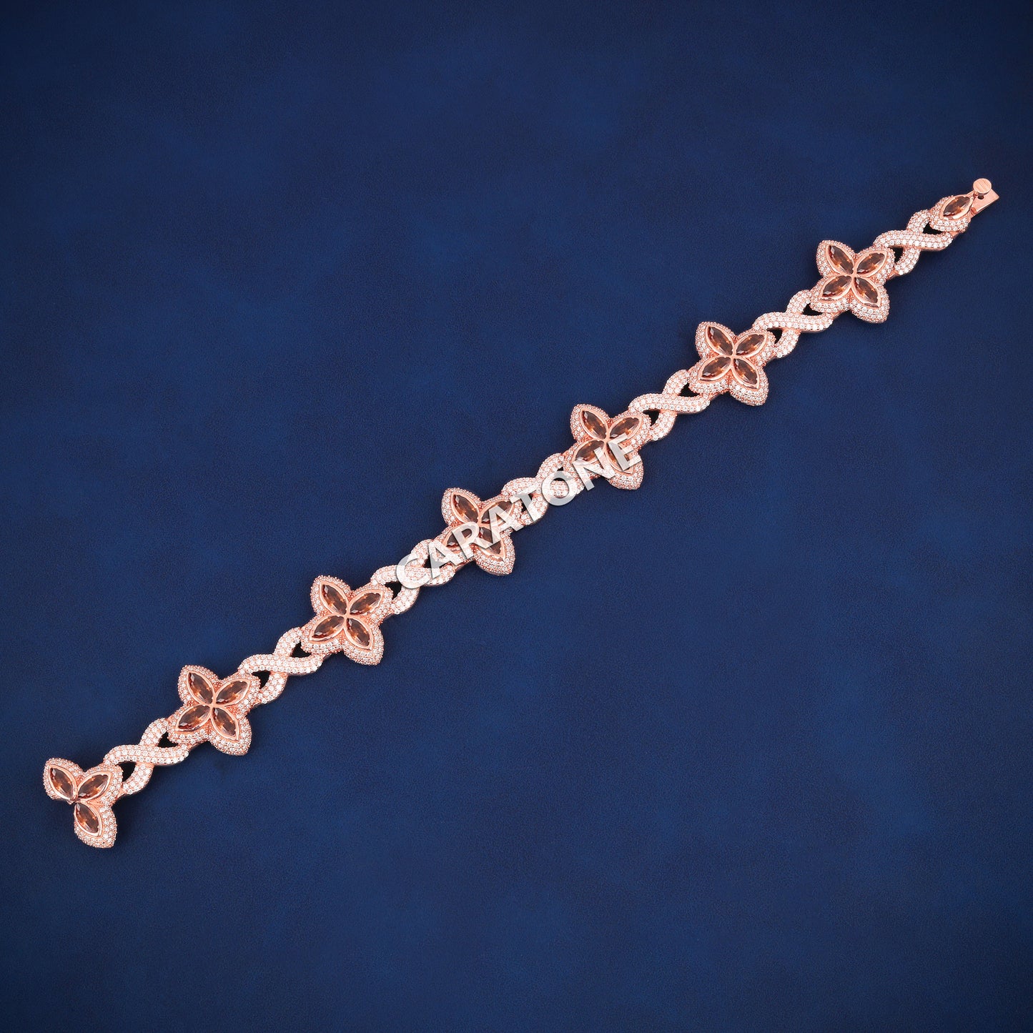 8.5 Inch 9mm Rose Gold Diamond Clover Bracelet Fully Iced Out Lucky Charm and Exclusive Hip Hop Style