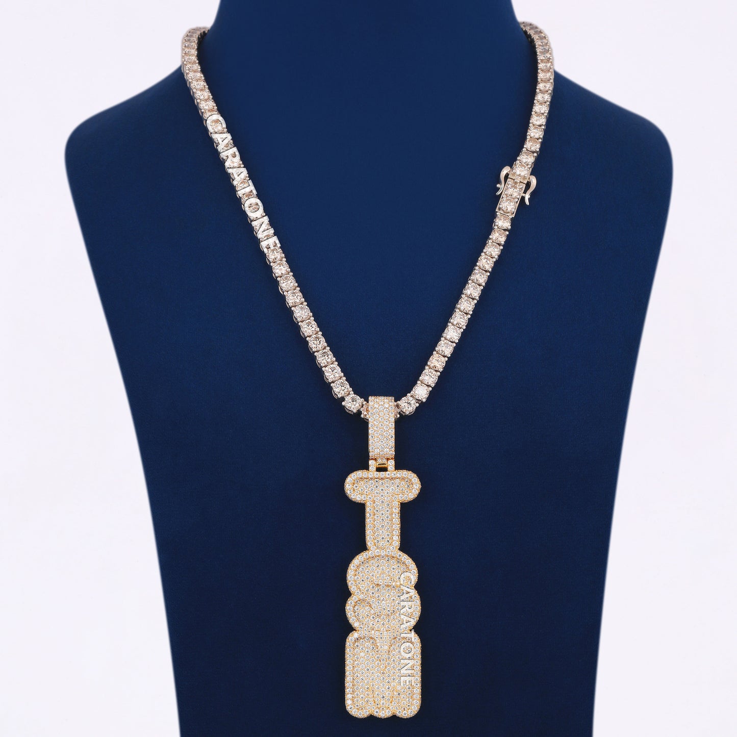 Tennis Necklace With Full Iced Letter Pendant in 14KT Gold With Lab Diamond