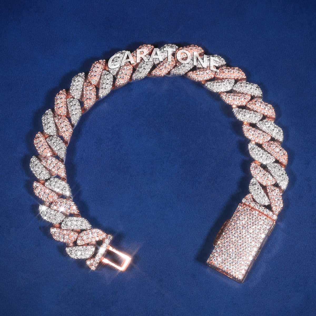 Two Tone Rose Gold & White Gold Fully Iced Out Diamond Cuban Link Bracelet with Pavé Box Clasp