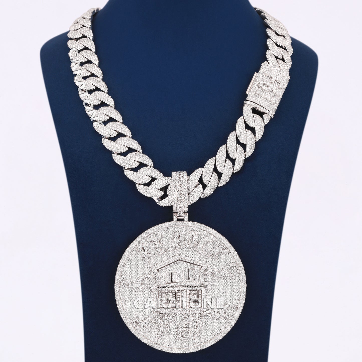 Round Face Custom Pendant With Chian In 925 Sterling Silver With Lab Diamond