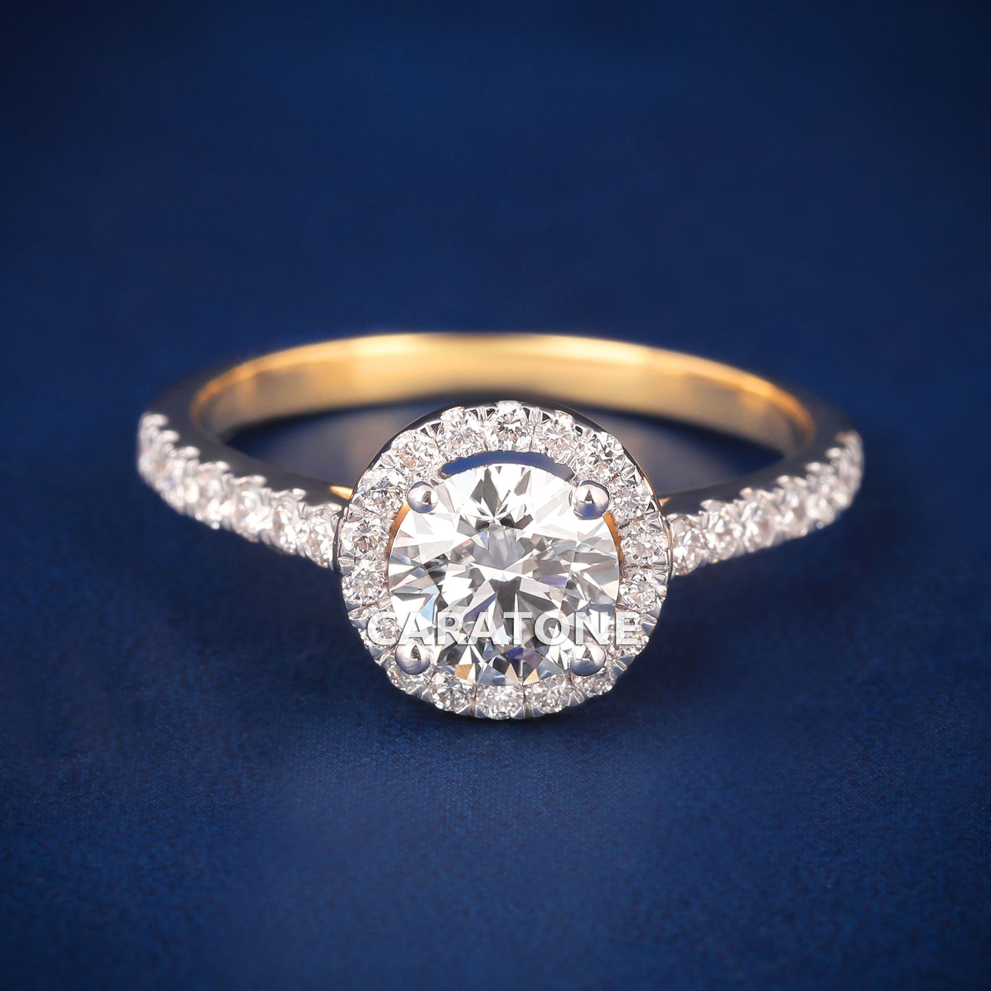 Halo Style Round Diamond Engagement Ring with Pavé Band in 14K Yellow Gold