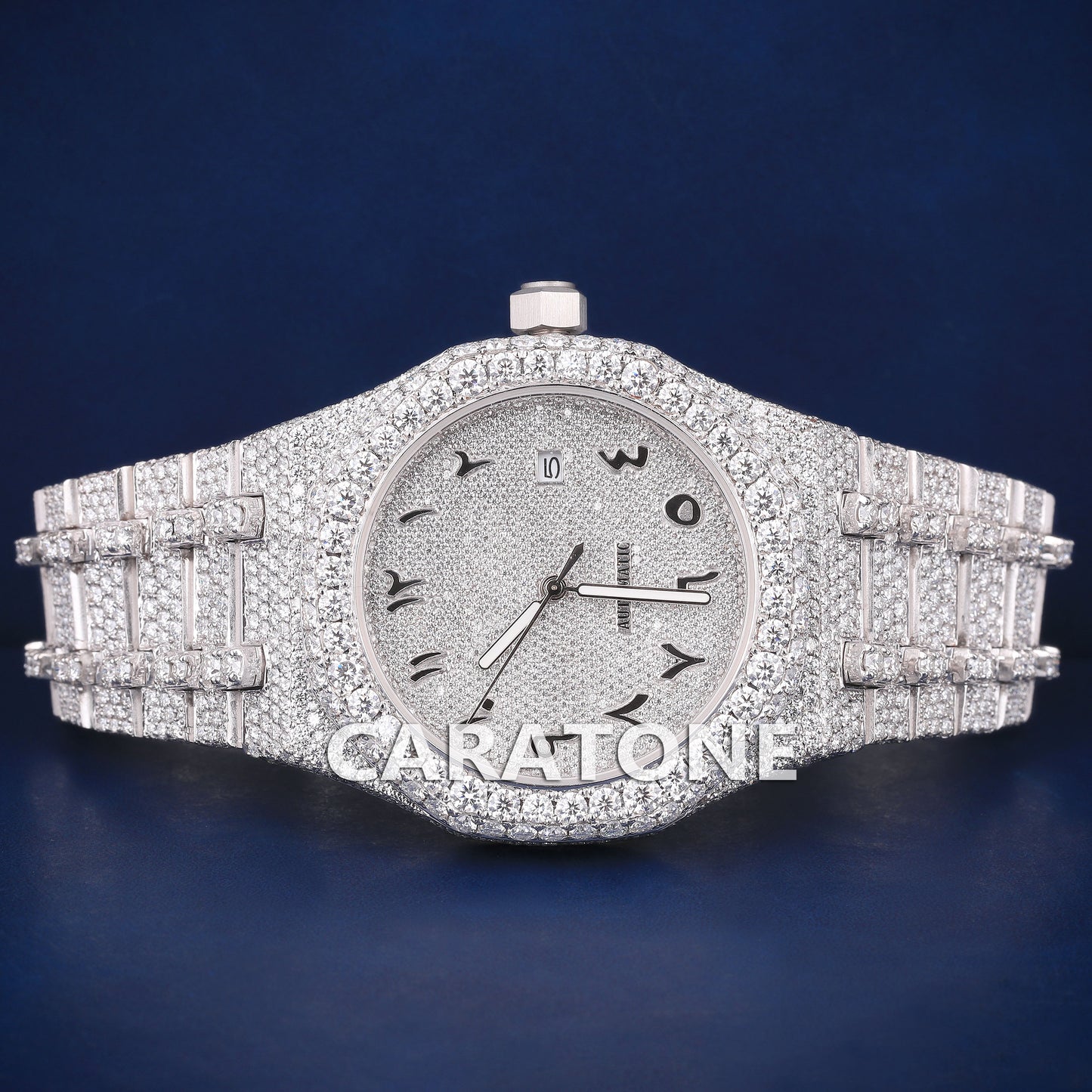 Full iced out hip hop branded watch in white tone with black arabic numerals and diamond tester passed