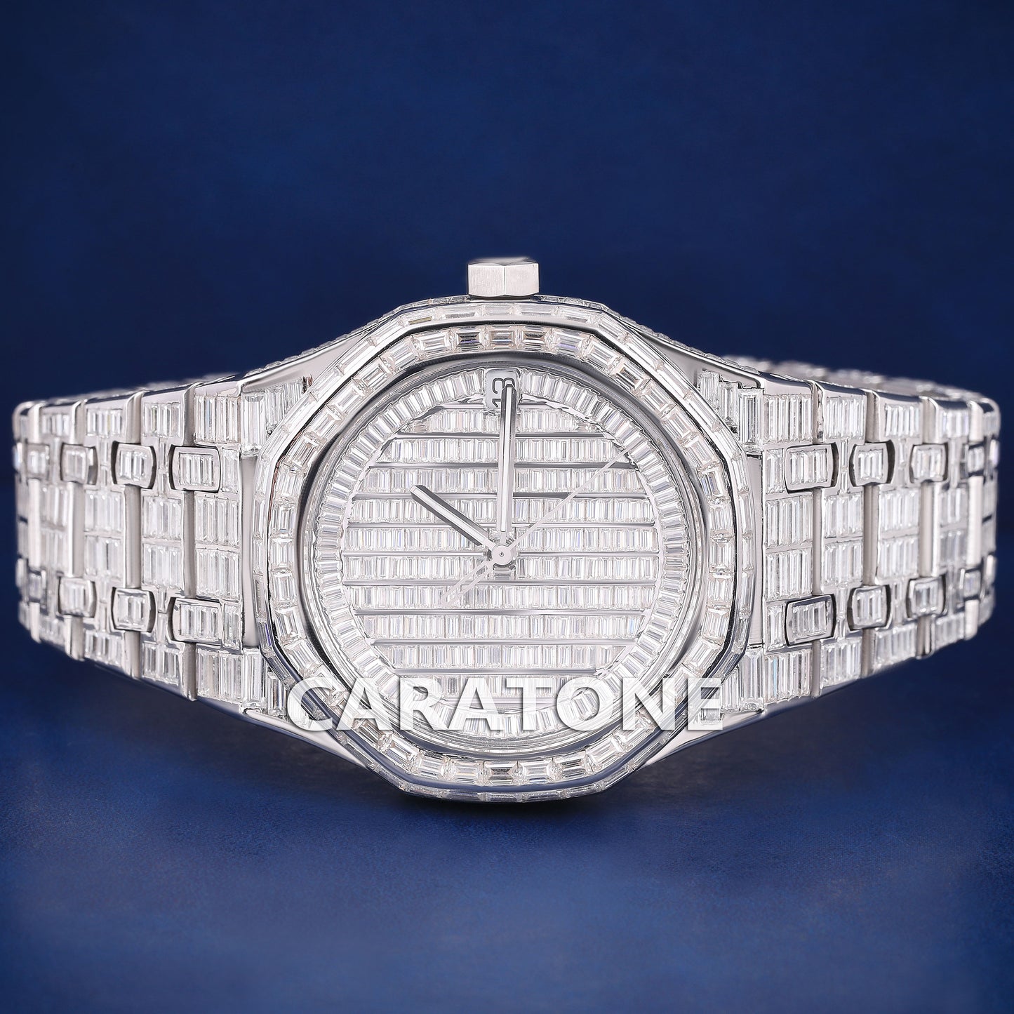 Full iced out Hip hop branded watch with full of baguette diamond in white tone and with D VVS clarity