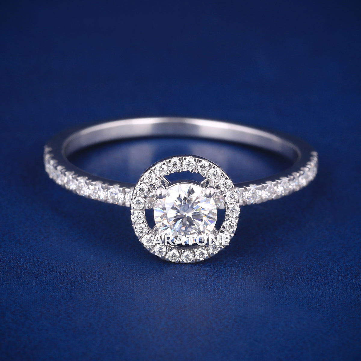 Exclusive Premium Halo Solitaire Ring With Round Brilliant Cut Center Stone, Sparkling White CZ Halo Setting, Elegant Pave Stone Band And Engagement Jewelry For Women