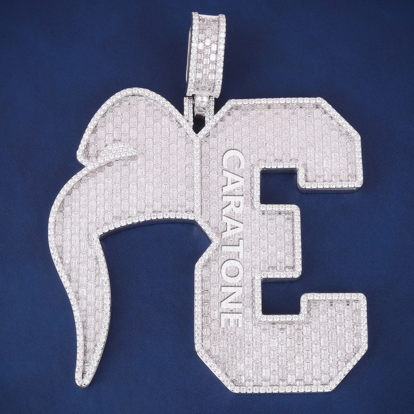 Customized Big Sterling Silver Pendants Necklace with 3 initial Letter with Wing Round & Baguette Diamond Silver Rappers Pendant Necklaces