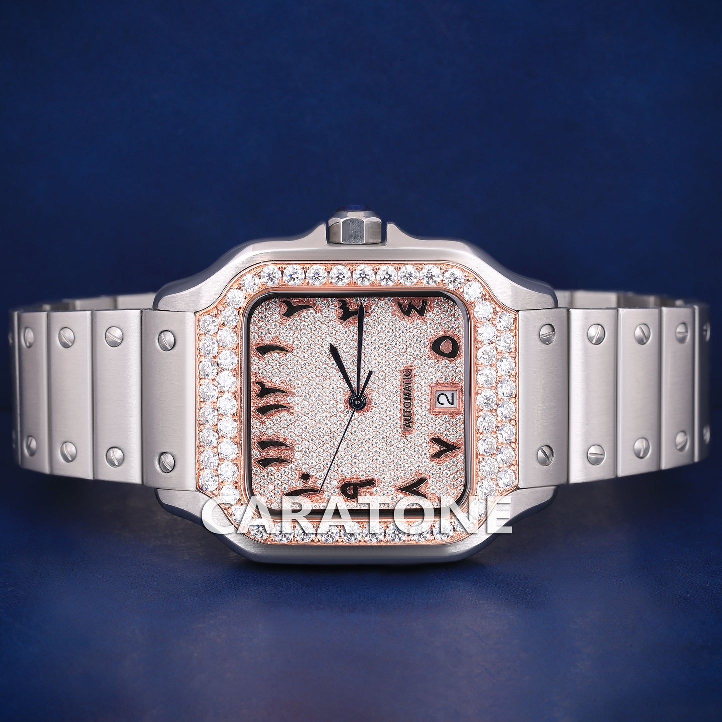 Half iced out hip hop branded watch with black arabic numerals in it with diamond tester passed