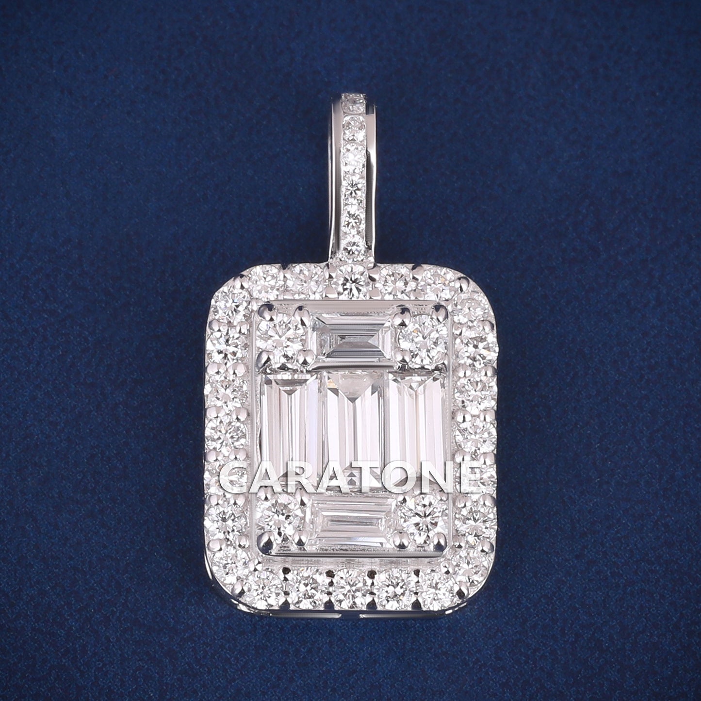 Luxurious 925 Sterling Silver Pendants Necklace with Baguette Diamond Halo Design Small Pendant Necklaces